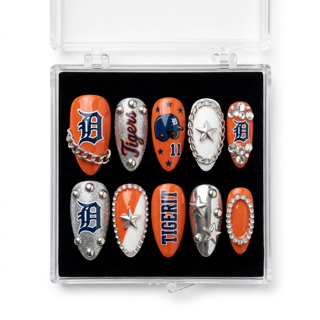 Detroit Tigers Handmade Press On Nails | Reusable 3D Nail Set