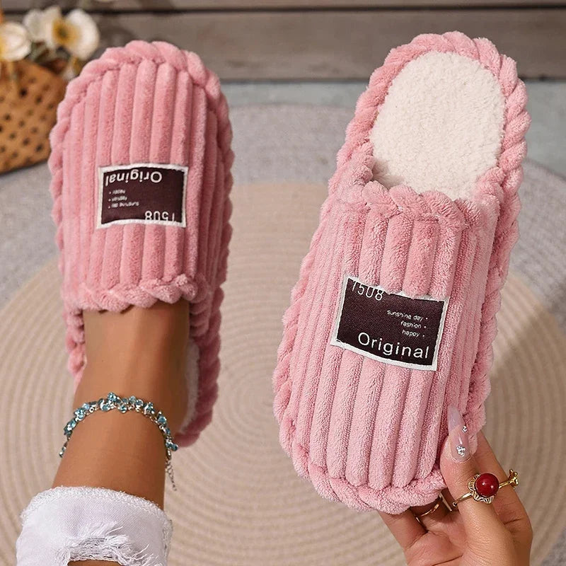 Women's Warm Corduroy Bedroom Slipper 2025 Winter Non Slip Home Plush Slippers Woman Comfort Couple Cotton Indoor Shoes Slides