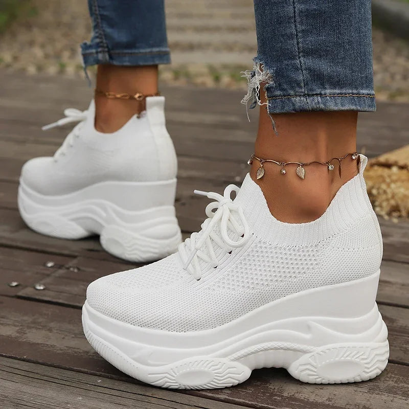 Women's Knitted White Wedge Sneakers 2026 Spring Breathable Mesh Chunky Platform Sneakers Woman Plus Size 42 Lace Up Sport Shoes