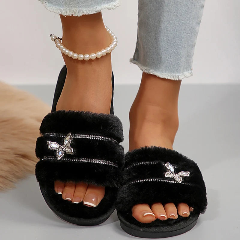 Shiny Crystal Butterfly Fur Slippers Women 2025 Winter Non Slip Flat Heels Home Slippers Woman Indoor House Slippers Slides