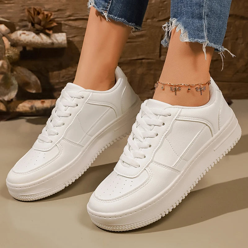 Women's Pu Leather White Platform Sneakers 2026 Spring Thick Sole Casual Sport Shoes Woman Plus Size 43 Lace-Up Vulcanized Shoes