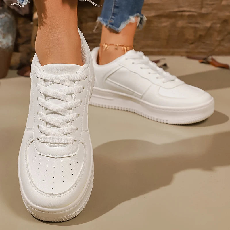 Women's Pu Leather White Platform Sneakers 2026 Spring Thick Sole Casual Sport Shoes Woman Plus Size 43 Lace-Up Vulcanized Shoes