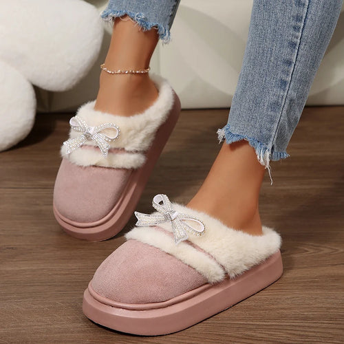 Pearl Bowtie Home Cotton Slippers Women 2025 Winter Warm Fur Flat Heels Indoor Slippers Woman Non Slip Closed Toe House Shoes