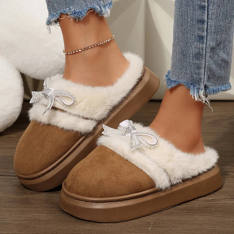 Pearl Bowtie Home Cotton Slippers Women 2025 Winter Warm Fur Flat Heels Indoor Slippers Woman Non Slip Closed Toe House Shoes