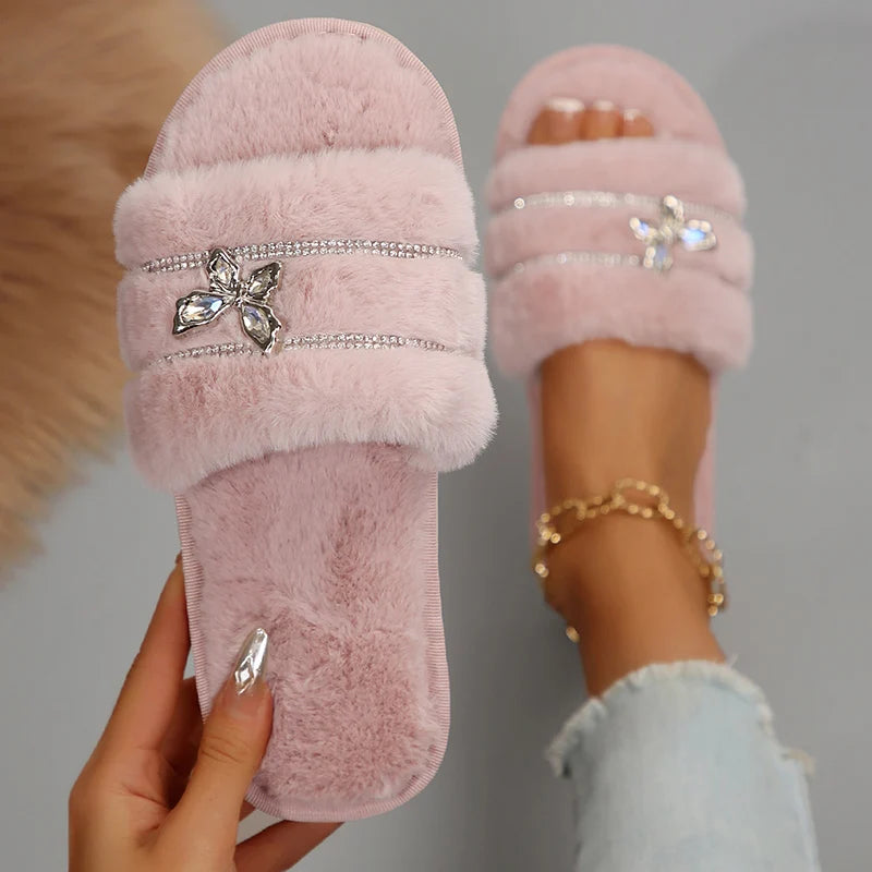 Shiny Crystal Butterfly Fur Slippers Women 2025 Winter Non Slip Flat Heels Home Slippers Woman Indoor House Slippers Slides