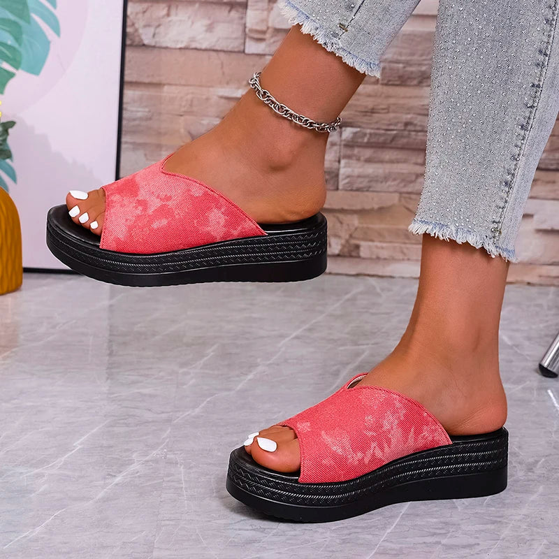 Women's Fashion Red Denim Platform Sandals 2026 Summer Woman Non-Slip Thick Sole Slippers Woman Plus Size 43 Light Outdoor Slide