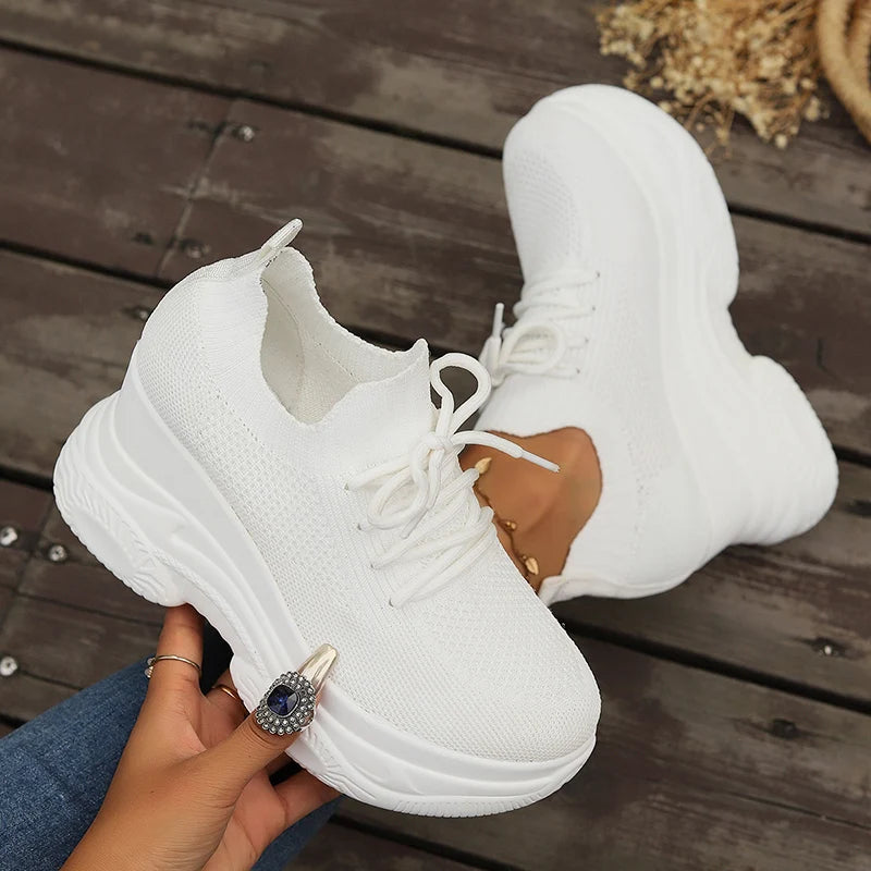 Women's Knitted White Wedge Sneakers 2026 Spring Breathable Mesh Chunky Platform Sneakers Woman Plus Size 42 Lace Up Sport Shoes